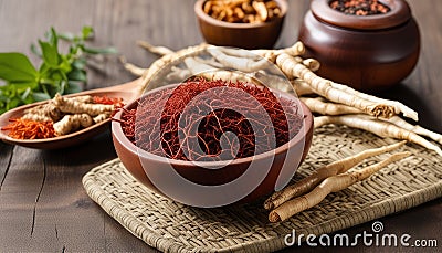 A wooden table with a bowl of red spices and a pile of dried herbs Stock Photo