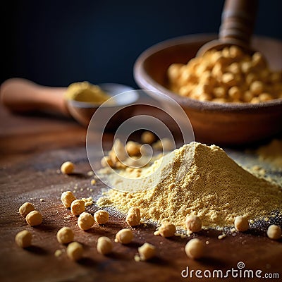 Wooden table with bowl of yellowish-orange powder on it. This powder is likely to be some kind of spice or seasoning Stock Photo