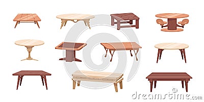 Wooden table. Cartoon interior and outdoor furniture. Antique and modern dinner desk templates. Isolated home woodwork Vector Illustration