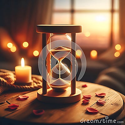 A wooden table with a central focus on an hourglass. Stock Photo