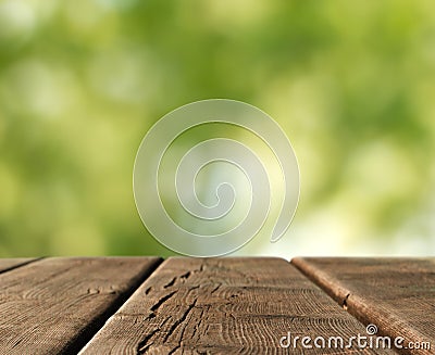 Wooden table in country landscape Stock Photo