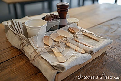 Wooden Table Covered With Numerous Wooden Spoons Stock Photo