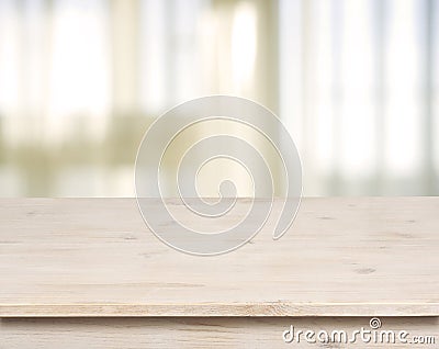 Wooden table on defocuced window with curtain background Stock Photo