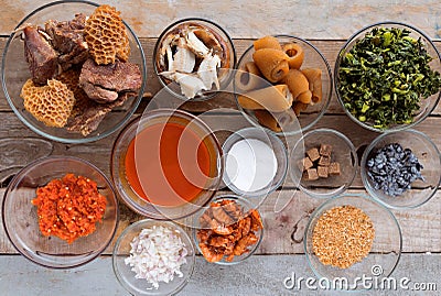 Bowls of African food and Nigerian soup ingredients Stock Photo