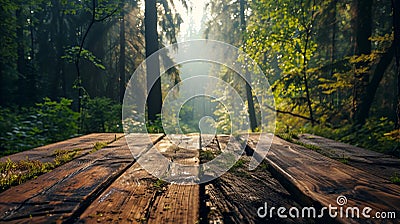 Wooden Table in Forest Clearing, A Tranquil Spot for Nature Lovers Stock Photo