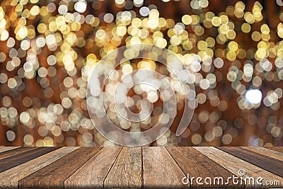 Wooden table on front blurred colorful bokeh background, abstract Stock Photo