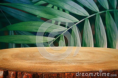 wooden table in front of tropical green floral background. for product display and presentation Stock Photo