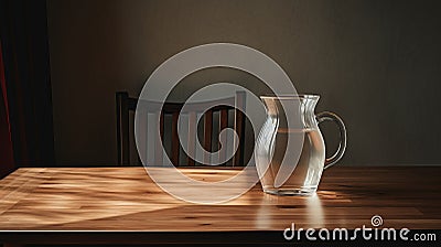 Empty Jug On Wooden Table: A Serene And Humorous Still Life Stock Photo
