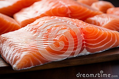 Wooden table hosts a close up of fresh, raw salmon fillets Stock Photo