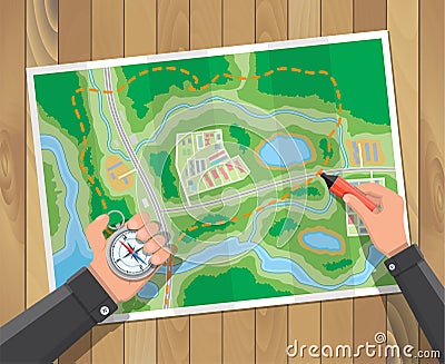 Wooden table with paper map. Planning trip Vector Illustration