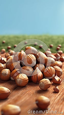 Wooden table with pile of nuts on top. There are several hazelnuts spread out across surface, creating an interesting Stock Photo