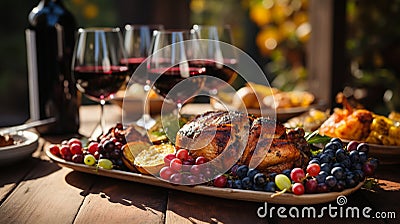 Wooden table with plates of grapes, cheese, other hors d'oeuvres and several glasses of wine - generative AI Stock Photo