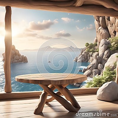 Wooden table and sea view at sunset. 3D Rendering Stock Photo