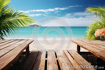 Wooden table set on a tranquil beach, epitomizing summer relaxation Stock Photo