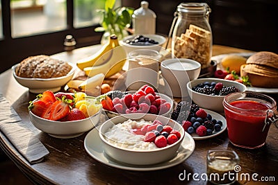 Wooden Table Set With Variety of Delicious Food Plates, Rich and delectable breakfast spread on a table featuring oatmeal, Stock Photo