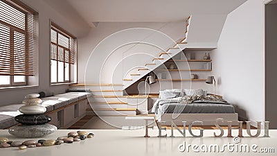 Wooden table shelf with ba gua, pebble stone and bamboo plants, over minimal white bedroom with bed and staircase, zen concept Stock Photo