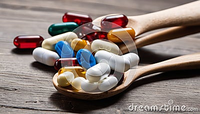 A wooden table with a spoon and a bowl of pills Stock Photo