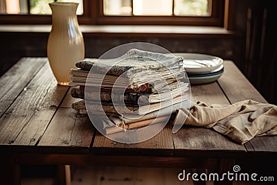 a wooden table with a stack of books and a beautiful napkin in the middle Stock Photo