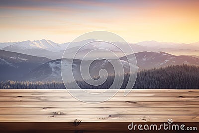 wooden table top against the backdrop of winter snowy high mountains at sunset Stock Photo