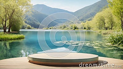 Wooden Table Top And Blur Nature of The Concept of Relaxation, podium Stock Photo