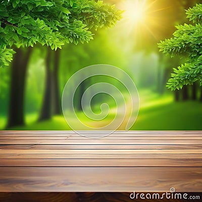 Wooden table top on blurred nature green forest hill mountain background can be used for display or montage your products Cartoon Illustration