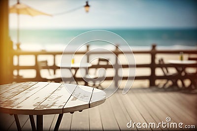 Wooden table top with blurred seascape palm tree and summer cafe. AI Generated Stock Photo