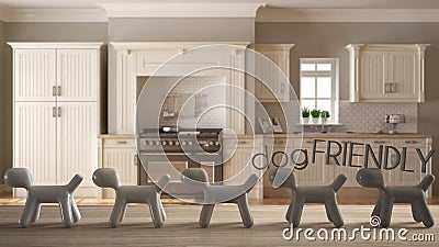 Wooden table top or shelf with line of stylized dogs, dog friendly concept, love for animals, animal dog proof home, classic Stock Photo