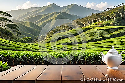 Wooden table top surface in foreground, sharpness out of focus: tea plantation undulating, mountain backdrop Stock Photo