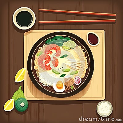 Wooden table top view illustration of noodles soup, also known as ramen, with shrimps, eggs, lime, soy sauce. Oriental traditional Cartoon Illustration