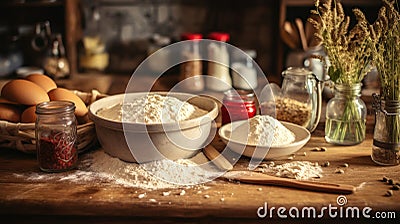 A wooden table topped with bowls filled with flour Stock Photo