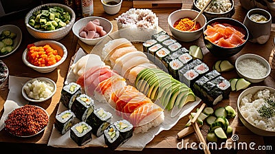 a wooden table topped with sushi and other sushi ingredients Stock Photo