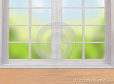 Wooden table and window and nature Stock Photo