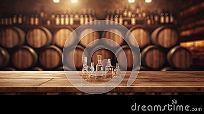 Wooden table with Wine barrels in wine-vaults in order on background Stock Photo