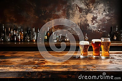 A Wooden Tabletop With Glass Of Beer Backdrop Of Trendy Craft Beer Bar Blank Surface Stock Photo