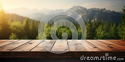 Wooden tabletop to advertise products. Blurred forest background. Generative AI Stock Photo