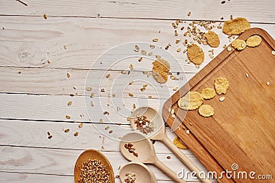 wooden tableware healthy breakfast wood background Stock Photo