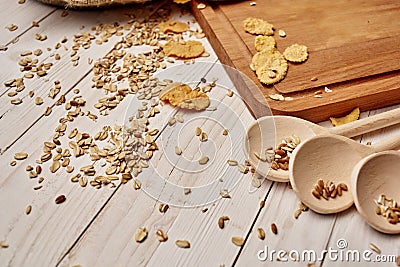 wooden tableware healthy breakfast wood background Stock Photo