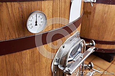 Wooden tank barrel for aging wine Stock Photo