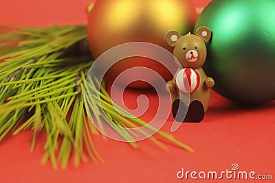 Wooden teddy bear with Christmas decoration Stock Photo