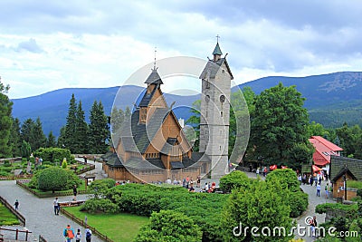 Wooden temple wang, Karkonosze Mountains, Karpacz city. Editorial Stock Photo