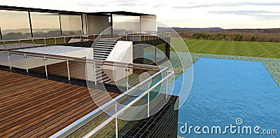 Wooden terrace of amazing high tech house. Big blue water swimming pool. Green field around. 3d render. Stock Photo