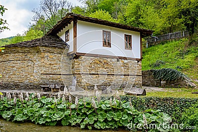 Wooden terrace with rug in Etar Editorial Stock Photo