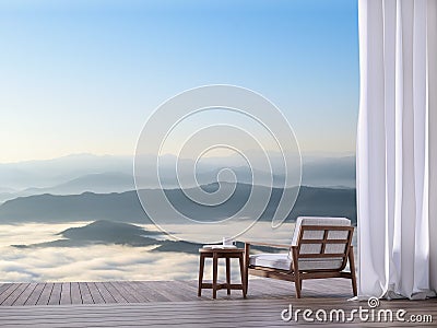 Wooden terrace with sea of fog view 3d render Stock Photo