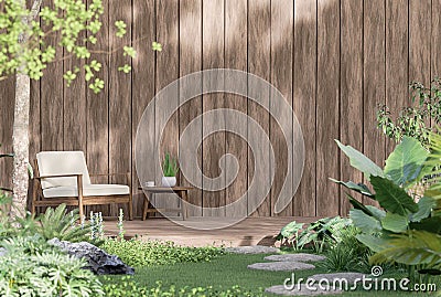 Wooden terrace in the tropical garden style 3d render Stock Photo