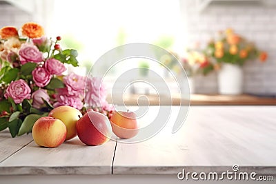 Wooden texture table top on blurred white rustic kitchen interior background. Epmty template for product display. Stock Photo