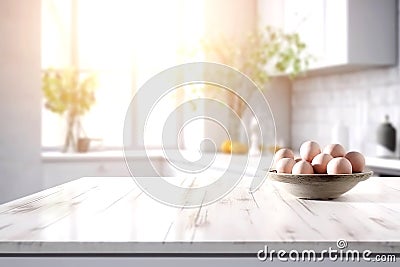 Wooden texture table top on blurred white rustic kitchen interior background. Epmty template for product display. Stock Photo