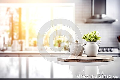 Wooden texture table top on blurred white rustic kitchen interior background. Epmty template for product display. Stock Photo