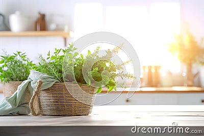 Wooden texture table top on blurred white rustic kitchen interior background. Epmty template for product display. Stock Photo