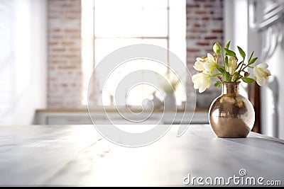 Wooden texture table top on blurred white rustic kitchen interior background. Epmty template for product display. Stock Photo