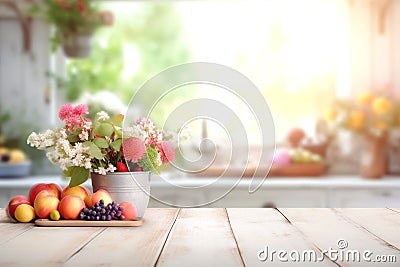 Wooden texture table top on blurred white rustic kitchen interior background. Epmty template for product display. Stock Photo